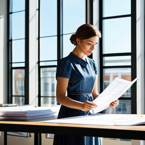 Home 26 **
"A skilled female architect in a modern, sunlit office, reviewing blueprints, wearing a stylish yet modest professional dress, safe for work, appropriate content, fully clothed, perfect anatomy, natural proportions, professional photography, family-friendly."
**