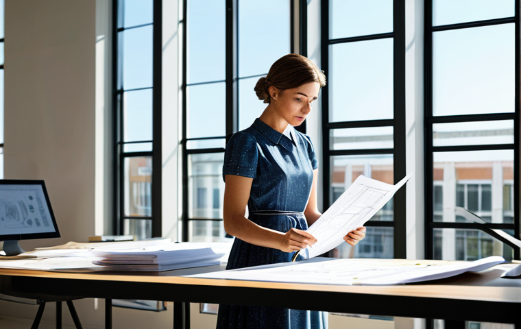 **

"A skilled female architect in a modern, sunlit office, reviewing blueprints, wearing a stylish yet modest professional dress, safe for work, appropriate content, fully clothed, perfect anatomy, natural proportions, professional photography, family-friendly."

**