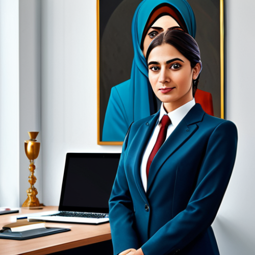 Home 25 **
"A digital painting of a strong and confident businesswoman in professional dress, standing in a modern office. She is fully clothed in a modest business suit. The artwork incorporates elements of classic art and mythology, inspired by Arabic culture. Perfect anatomy, correct proportions, well-formed hands, natural pose, safe for work, appropriate content, family-friendly, professional."
**