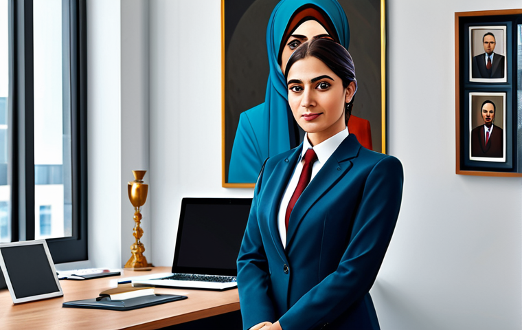 **

"A digital painting of a strong and confident businesswoman in professional dress, standing in a modern office. She is fully clothed in a modest business suit. The artwork incorporates elements of classic art and mythology, inspired by Arabic culture. Perfect anatomy, correct proportions, well-formed hands, natural pose, safe for work, appropriate content, family-friendly, professional."

**