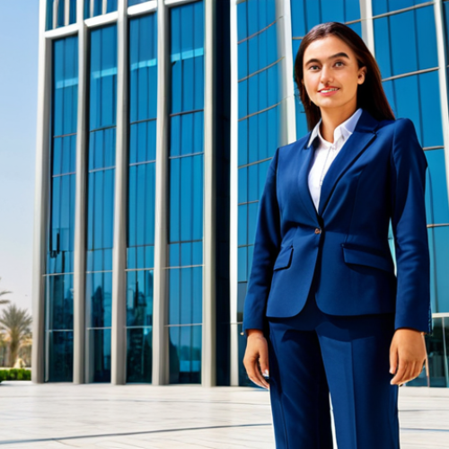 Home 24 **
"A professional businesswoman in a modest, dark blue business suit, standing confidently in front of a modern glass office building in Dubai, fully clothed, appropriate attire, safe for work, perfect anatomy, natural proportions, professional corporate photography, high resolution, sunny day."
**