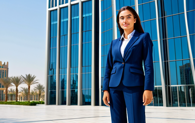 **

"A professional businesswoman in a modest, dark blue business suit, standing confidently in front of a modern glass office building in Dubai, fully clothed, appropriate attire, safe for work, perfect anatomy, natural proportions, professional corporate photography, high resolution, sunny day."

**