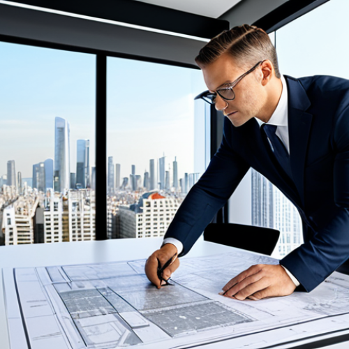 Home 11 **A professional architect** in a modern, light-filled office, reviewing blueprints, wearing a tailored business suit, fully clothed, appropriate attire, safe for work, perfect anatomy, natural proportions, professional, high resolution. The background includes architectural models and a city skyline view.