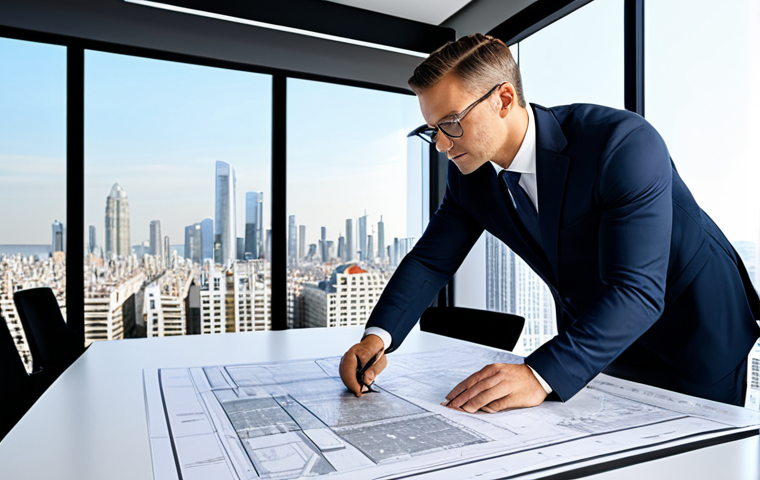 **A professional architect** in a modern, light-filled office, reviewing blueprints, wearing a tailored business suit, fully clothed, appropriate attire, safe for work, perfect anatomy, natural proportions, professional, high resolution. The background includes architectural models and a city skyline view.