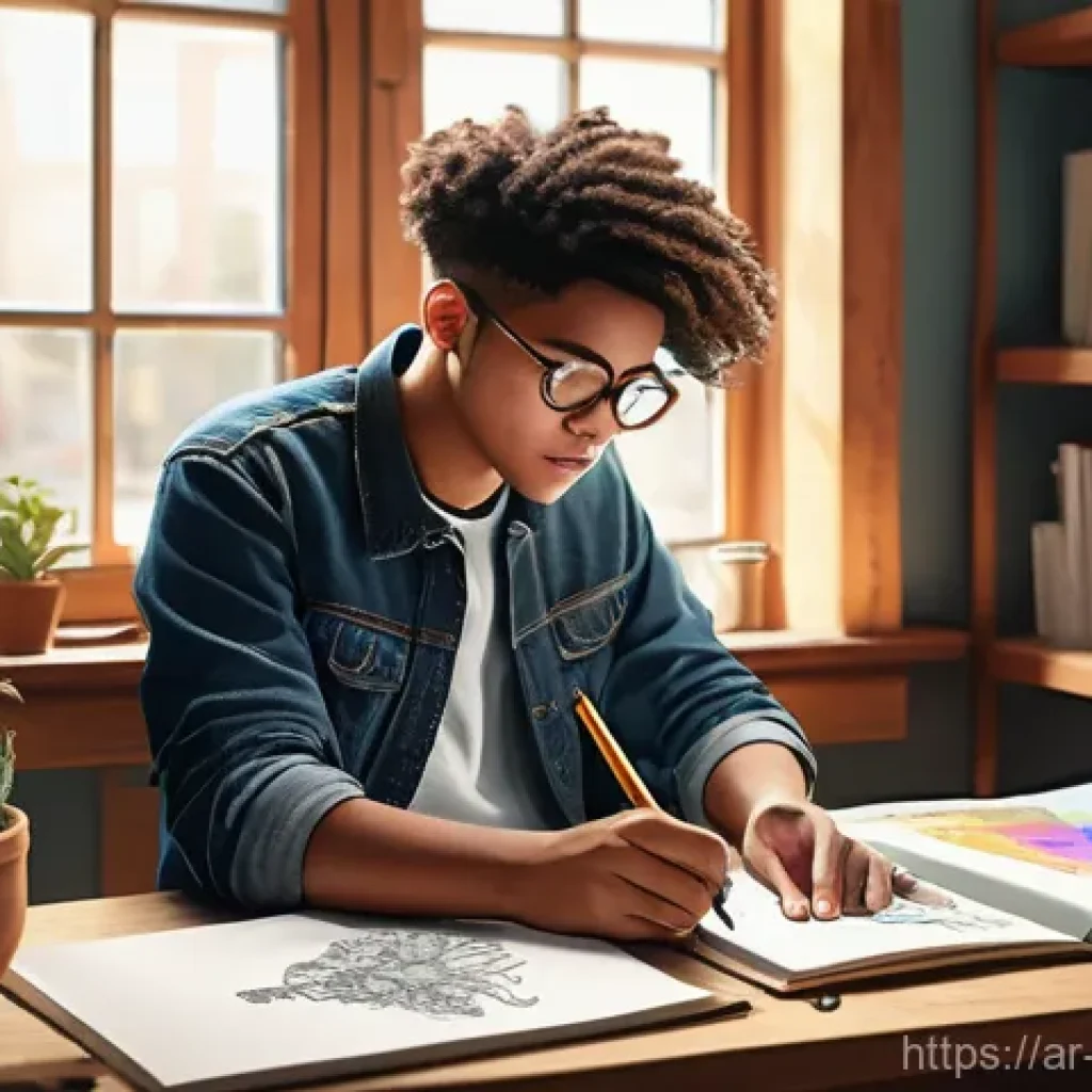 캐릭터디자인 자격증 필기와 실기 준비 팁 - **Aspiration and Fundamental Mastery**
    A vibrant and inspiring illustration depicting a young, g...