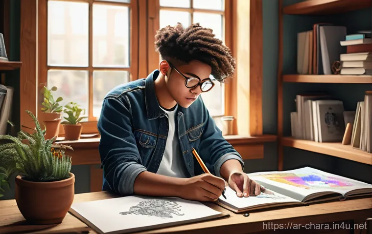 캐릭터디자인 자격증 필기와 실기 준비 팁 - **Aspiration and Fundamental Mastery**
    A vibrant and inspiring illustration depicting a young, g...