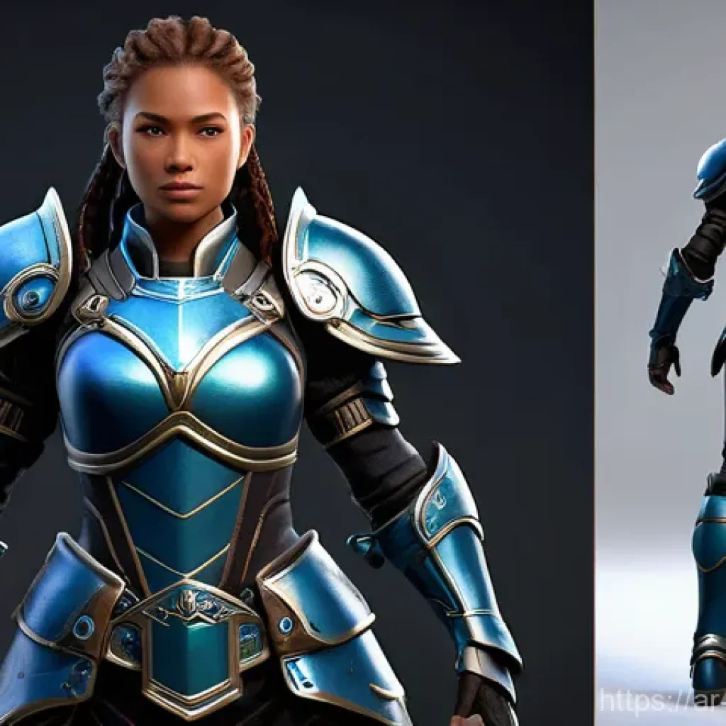 캐릭터디자인 자격증 시험 과목의 깊이 있는 학습 - **A highly detailed 3D rendered full-body image of a young female fantasy warrior character, standin...
