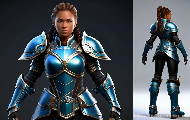 캐릭터디자인 자격증 시험 과목의 깊이 있는 학습 - **A highly detailed 3D rendered full-body image of a young female fantasy warrior character, standin...