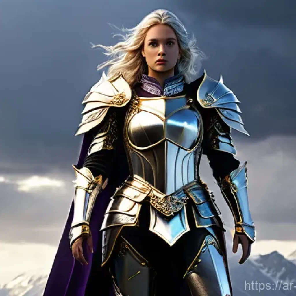 캐릭터디자인 직무에서 기술적 트렌드 파악하기 - **Prompt 1: "A full-body shot of a majestic female fantasy knight, standing heroically on a windswep...