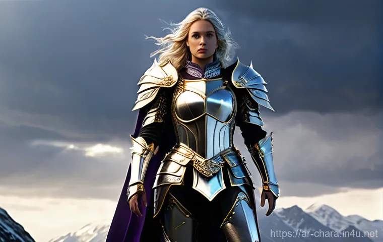 캐릭터디자인 직무에서 기술적 트렌드 파악하기 - **Prompt 1: "A full-body shot of a majestic female fantasy knight, standing heroically on a windswep...