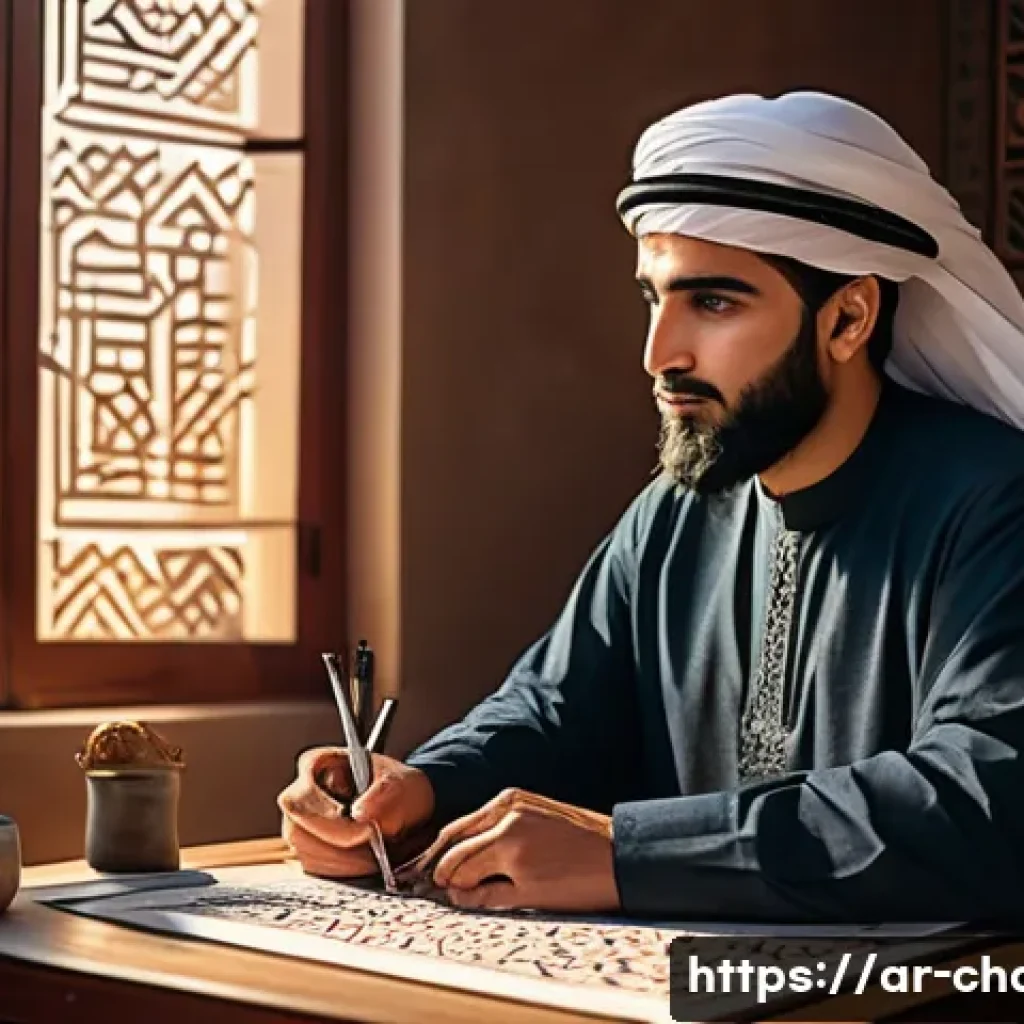 캐릭터디자인 자격증 학습을 위한 무료 자료 활용 - A skilled Arab digital artist in traditional modest attire, seated in a cozy, well-lit room decorate...