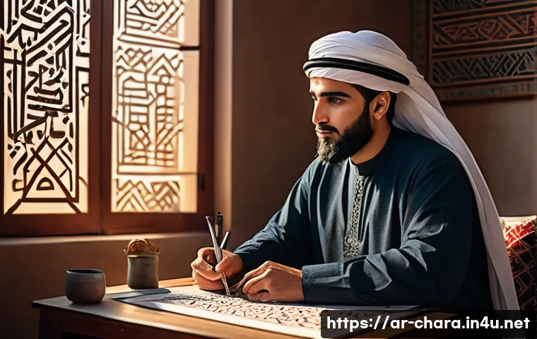 캐릭터디자인 자격증 학습을 위한 무료 자료 활용 - A skilled Arab digital artist in traditional modest attire, seated in a cozy, well-lit room decorate...