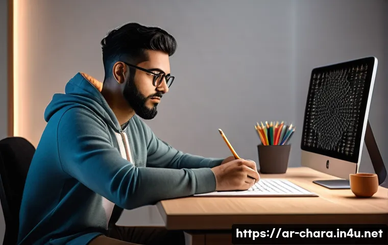 캐릭터디자인 직무에서 커리어 성장 스토리 - A skilled Arab digital artist sitting at a modern workspace with dual monitors displaying character ...