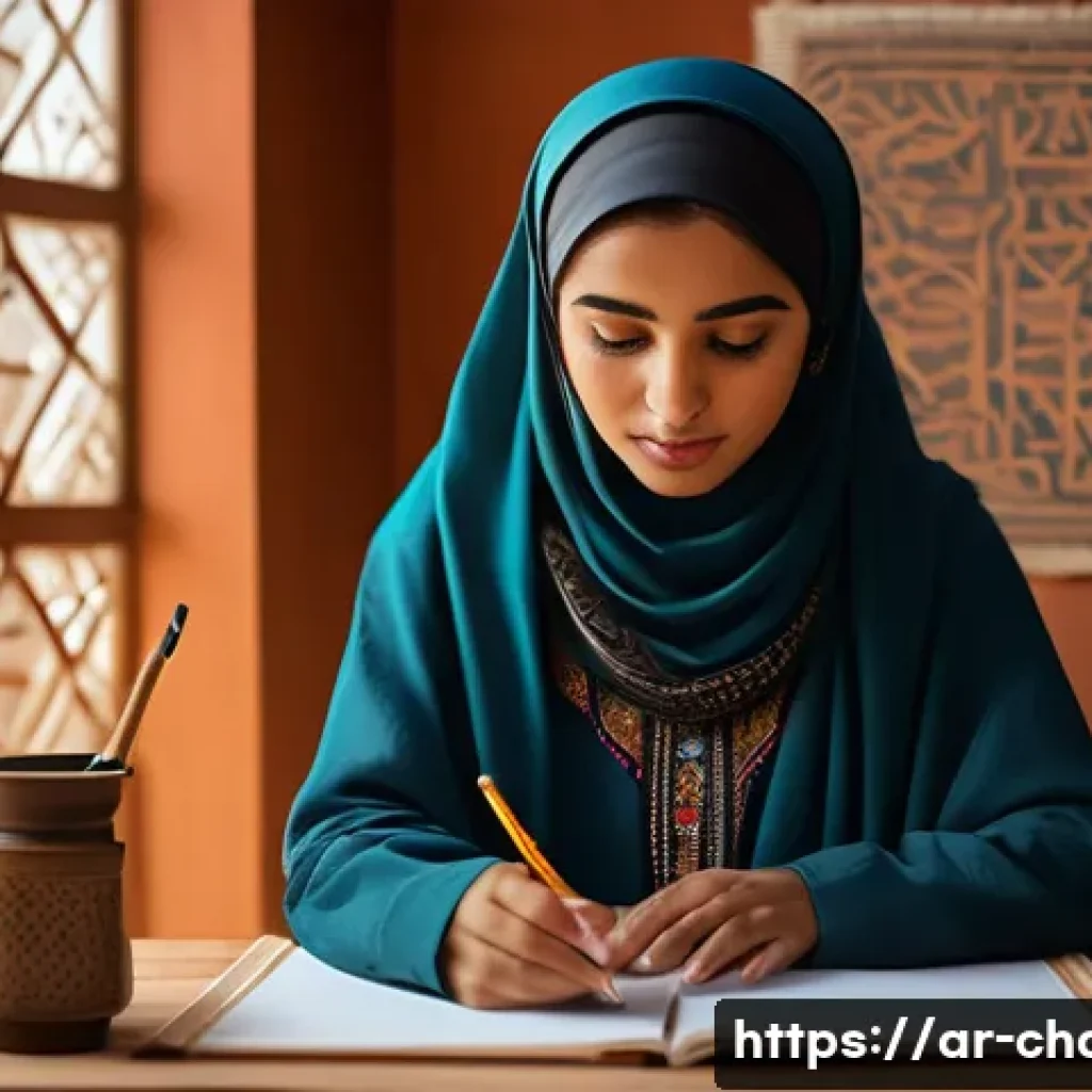 캐릭터디자인 자격증 실기 시험 성공 사례 - A detailed character design of a young Arab female artist preparing for a character design test, wea...