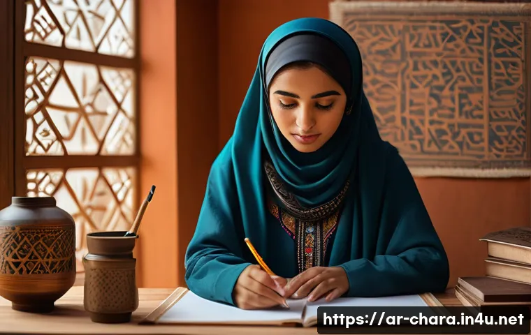 캐릭터디자인 자격증 실기 시험 성공 사례 - A detailed character design of a young Arab female artist preparing for a character design test, wea...