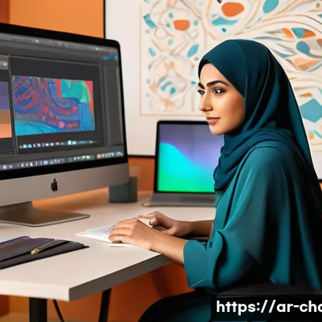 캐릭터디자인 자격증 취득 실패 사례와 교훈 - A detailed digital painting of an Arab female character designer at work, wearing modest but modern ...