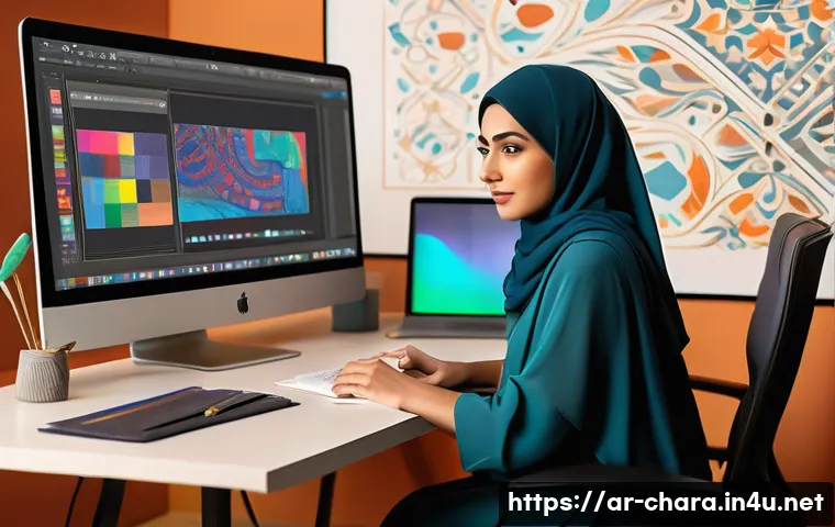 캐릭터디자인 자격증 취득 실패 사례와 교훈 - A detailed digital painting of an Arab female character designer at work, wearing modest but modern ...