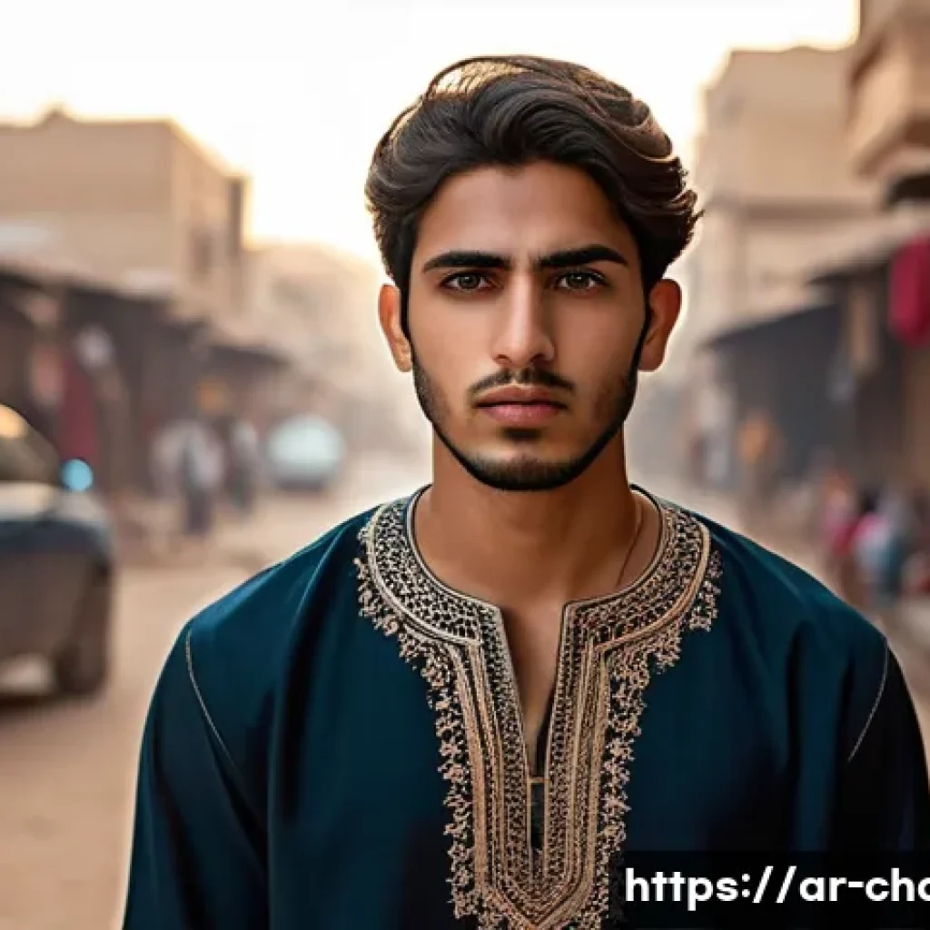 캐릭터디자인 주요 이론 정리 - A Middle Eastern young man character wearing culturally inspired casual clothing with intricate embr...