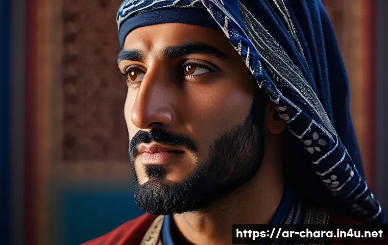 캐릭터디자인과 영화 프로덕션의 연계 - A highly detailed cinematic portrait of an Arabic male character designed for a film, wearing tradit...