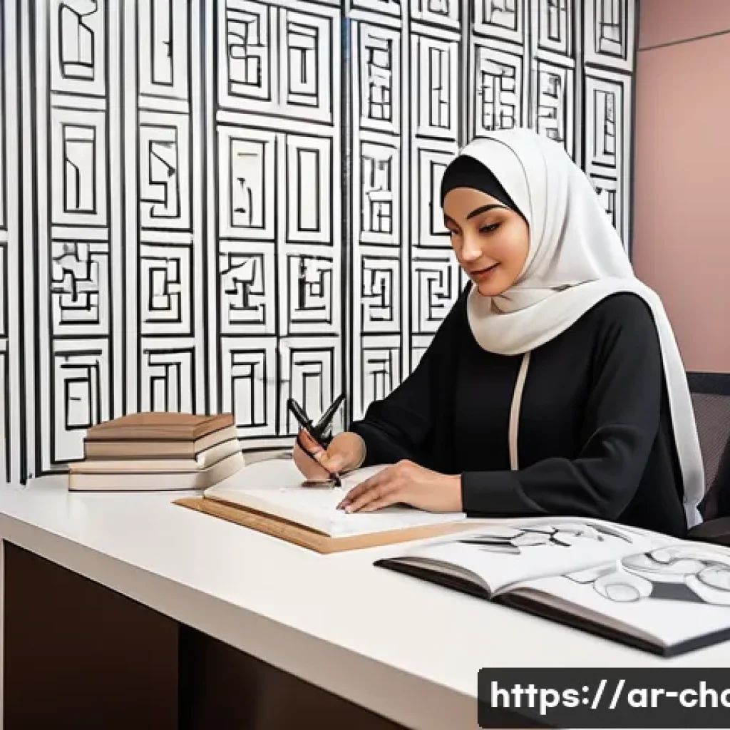 캐릭터디자인 자격증 학습을 위한 자료 정리 - A detailed digital illustration of an Arab female character designer working in a modern, well-organ...