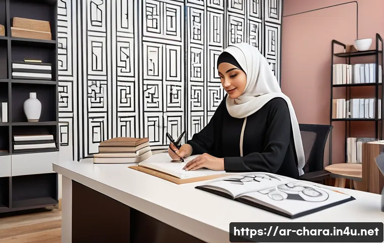 캐릭터디자인 자격증 학습을 위한 자료 정리 - A detailed digital illustration of an Arab female character designer working in a modern, well-organ...