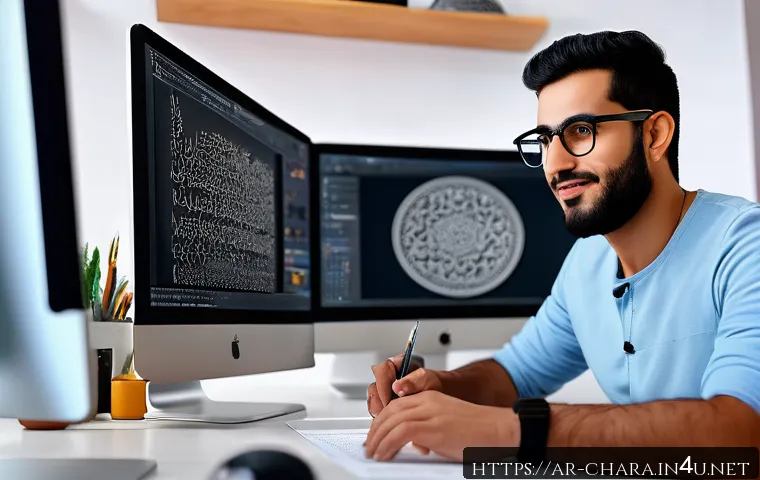 캐릭터디자인 자격증의 취업 가산점 효과 - A professional Arab male character designer working in a modern studio environment, wearing casual d...