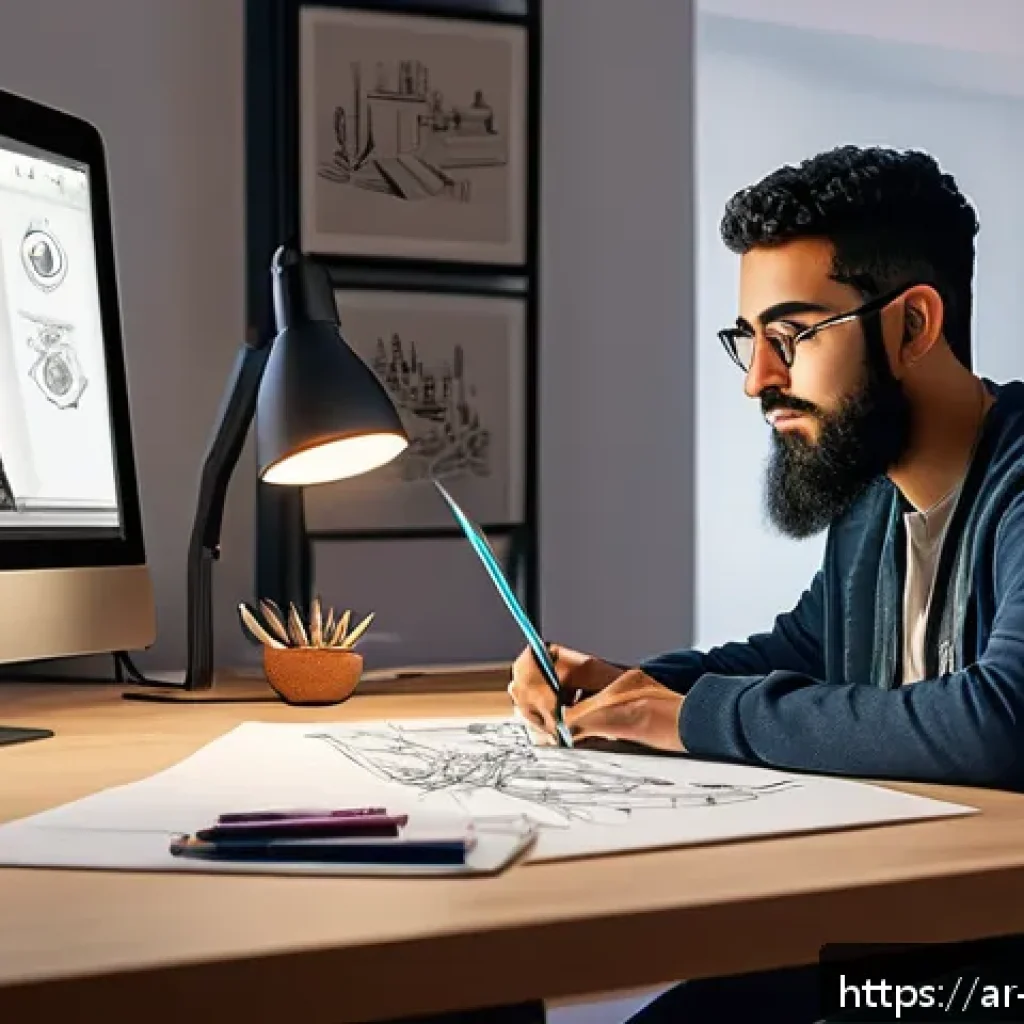 캐릭터디자인 자격증 학습에서 필요한 자료 정리 - A detailed digital art scene showing an Arab young adult character designer at work in a modern home...