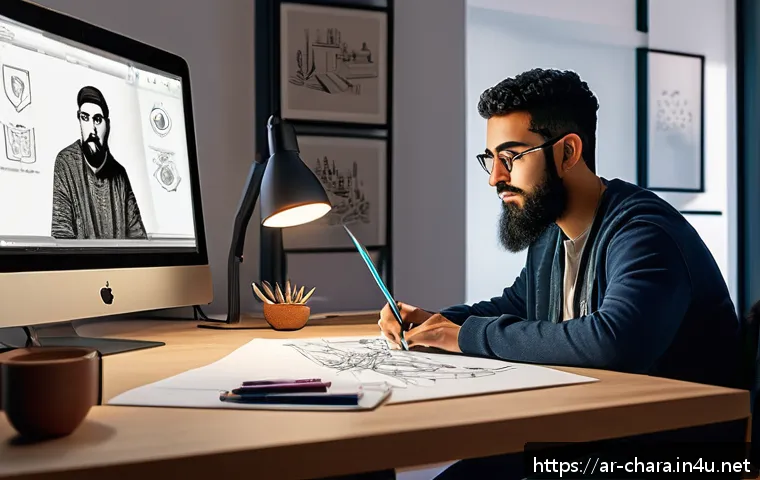 캐릭터디자인 자격증 학습에서 필요한 자료 정리 - A detailed digital art scene showing an Arab young adult character designer at work in a modern home...