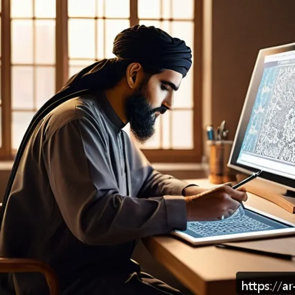 캐릭터디자인과 관련된 무료 학습 자료 - A detailed digital art studio scene featuring an Arab artist designing a character on a high-resolut...