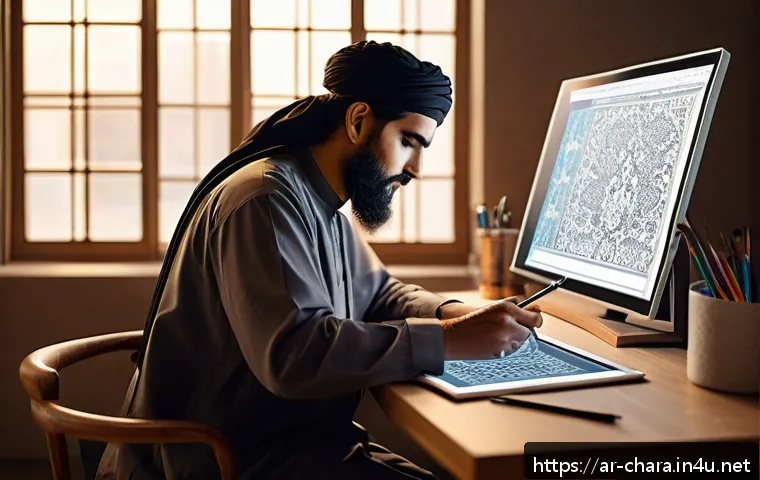 캐릭터디자인과 관련된 무료 학습 자료 - A detailed digital art studio scene featuring an Arab artist designing a character on a high-resolut...