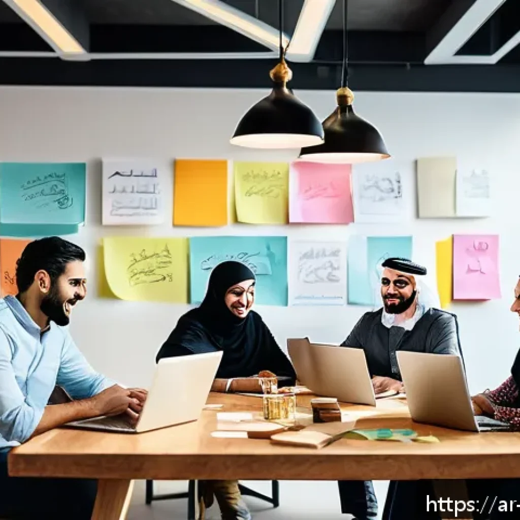 캐릭터디자이너로서의 커뮤니케이션 전략 - A detailed digital illustration of a creative brainstorming session in a modern Arab office setting,...