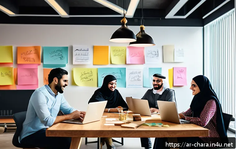캐릭터디자이너로서의 커뮤니케이션 전략 - A detailed digital illustration of a creative brainstorming session in a modern Arab office setting,...