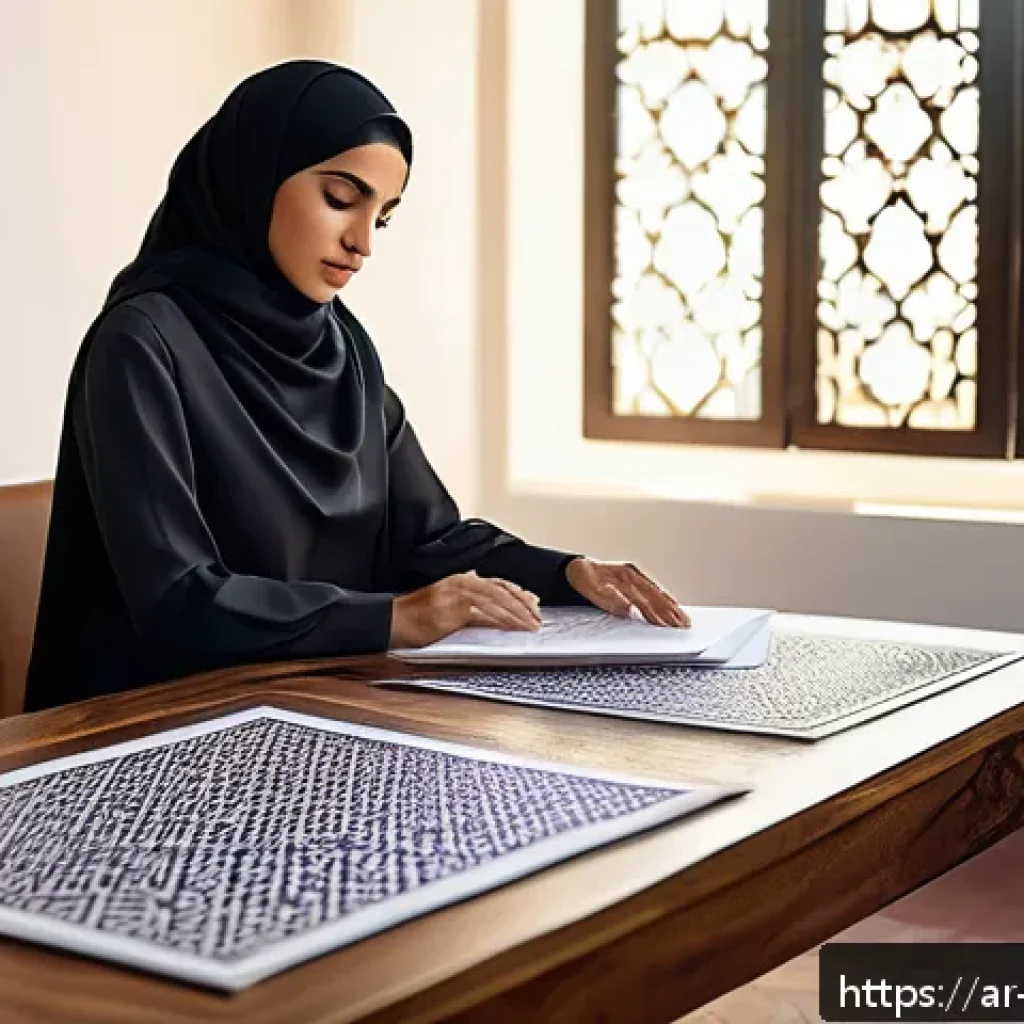 캐릭터디자인 실기 시험 대비를 위한 자료 분석 - A sophisticated design studio scene featuring a Middle Eastern female designer thoughtfully analyzin...