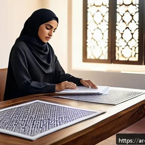 캐릭터디자인 실기 시험 대비를 위한 자료 분석 - A sophisticated design studio scene featuring a Middle Eastern female designer thoughtfully analyzin...