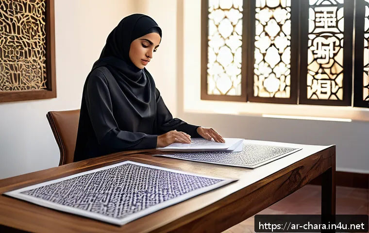 캐릭터디자인 실기 시험 대비를 위한 자료 분석 - A sophisticated design studio scene featuring a Middle Eastern female designer thoughtfully analyzin...