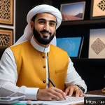캐릭터디자인 직무에서 자기계발의 중요성 - A professional Arab digital artist in a modern studio setting, mastering 3D modeling and animation s...