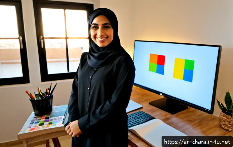 Home 17 캐릭터디자이너의 직무 만족도 - Photorealistic Arab female character designer wearing modest professional clothing and a hijab, smil...