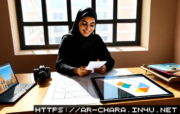 캐릭터디자인 관련 블로그 운영 전략 - Photorealistic editorial workspace of an Arab character designer in modest contemporary clothing arr...
