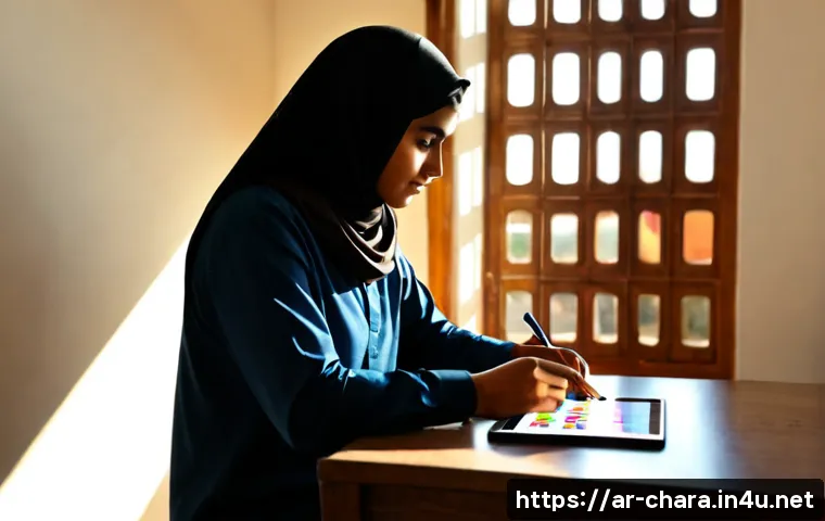 캐릭터디자이너로서 창작 블록 극복법 - Photorealistic Arab character designer at a clean sunlit studio desk, thoughtfully arranging hand-dr...
